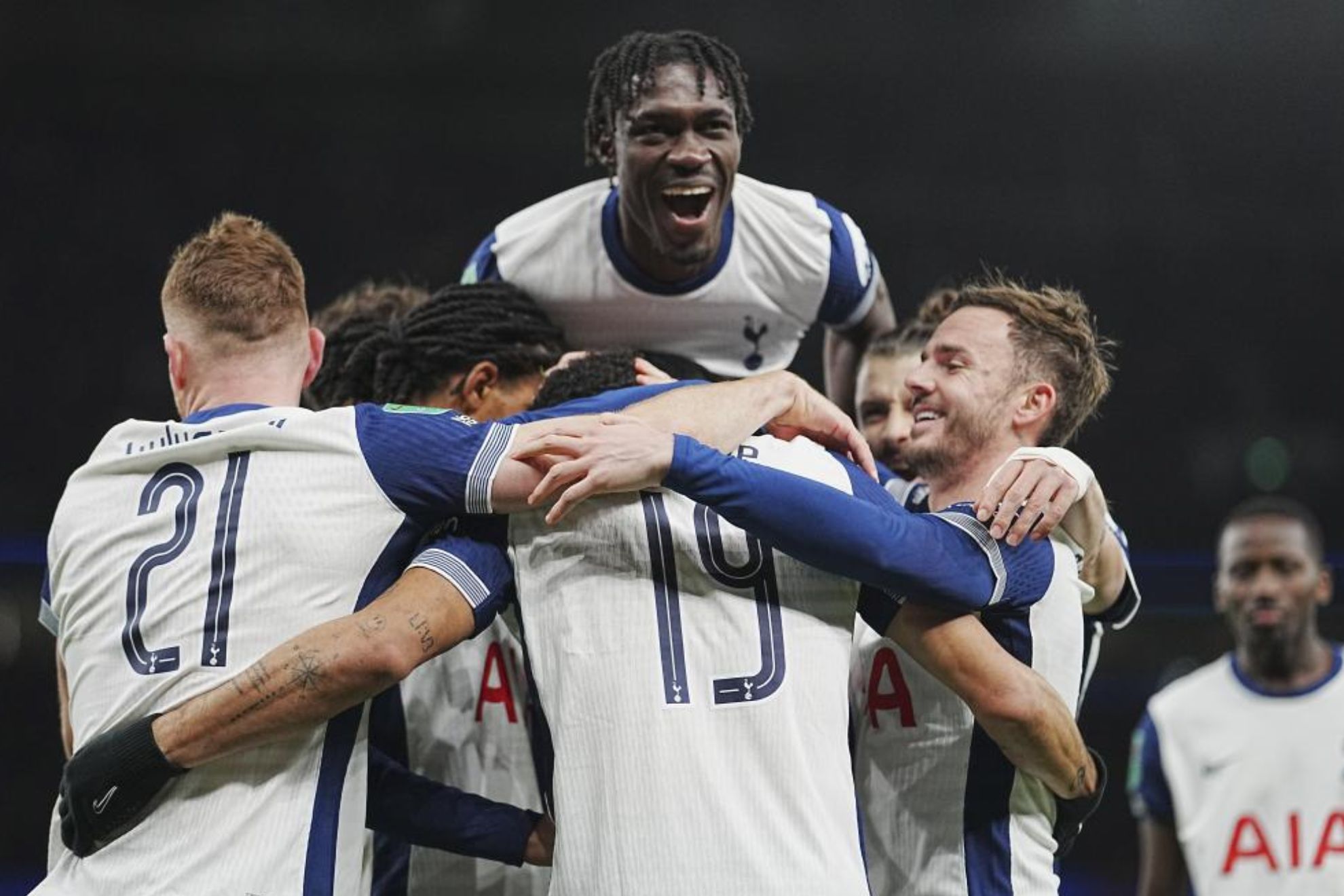 Tottenham players celebrating one of the goals against United