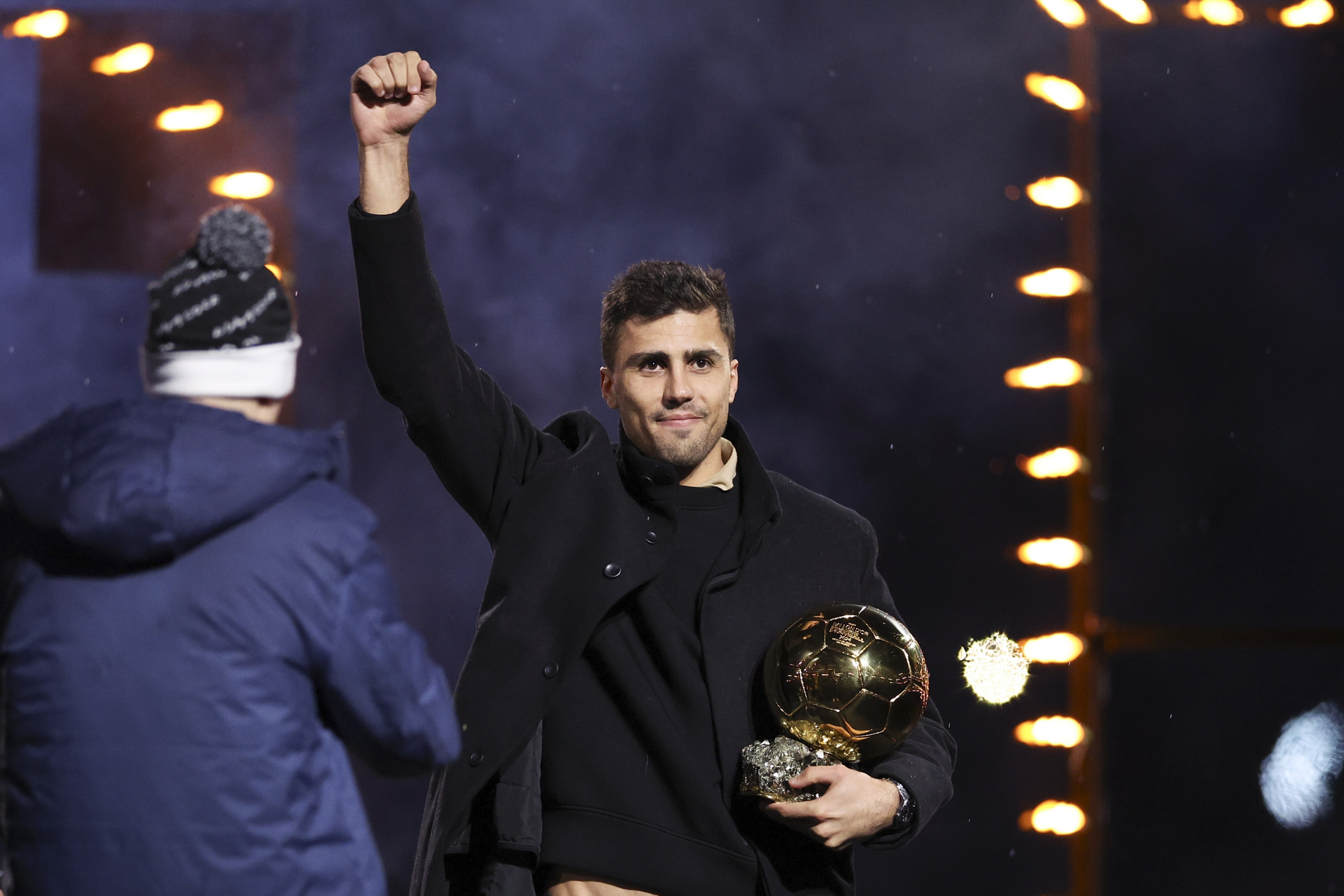 Rodri, presenting his Ballon d'Or at the Etihad Stadium