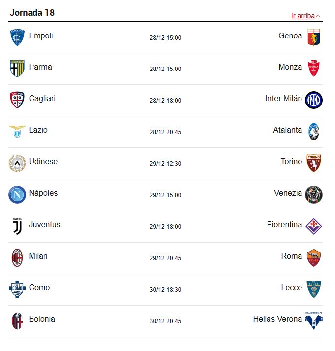 Matchday 18 in Serie A (December 28, 29 and 30).