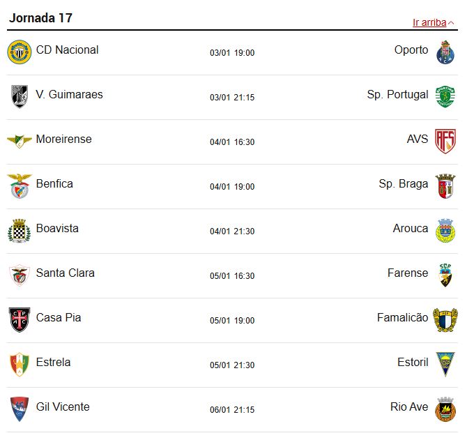 The 17th matchday of the Primeira Liga (December 27, 28, 29 and 30).