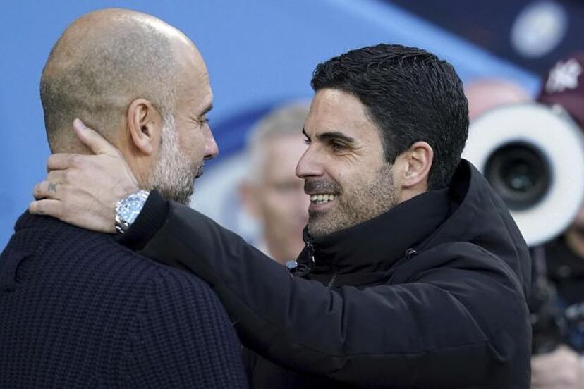 Mikel Arteta greeting Pep Guardiola